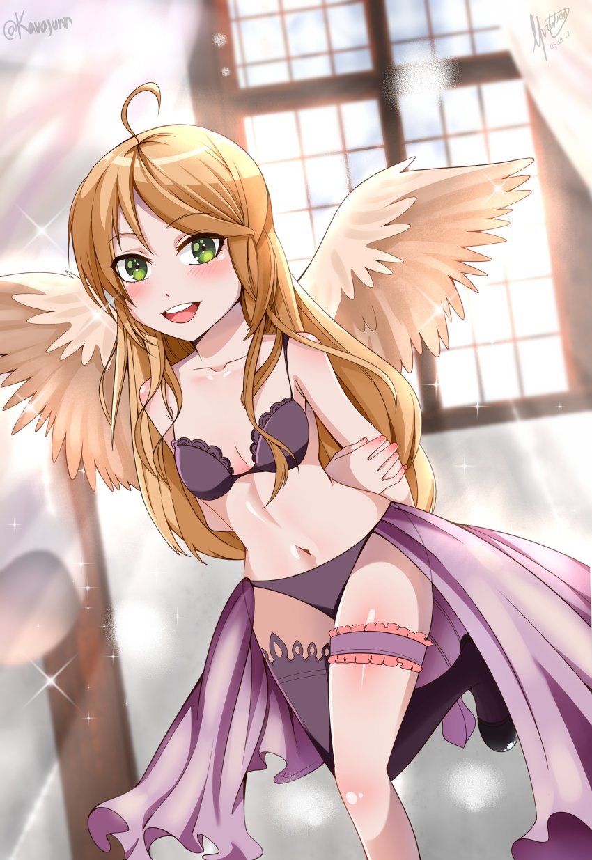 1girl, absurdres, blush, breasts, fire_emblem, fire_emblem:_radiant_dawn, green_eyes, highres, kavajunn, leanne_(fire_emblem), long_hair, looking_at_viewer, navel, nintendo, open_mouth, small_breasts, solo, sparkle_background, window, wings