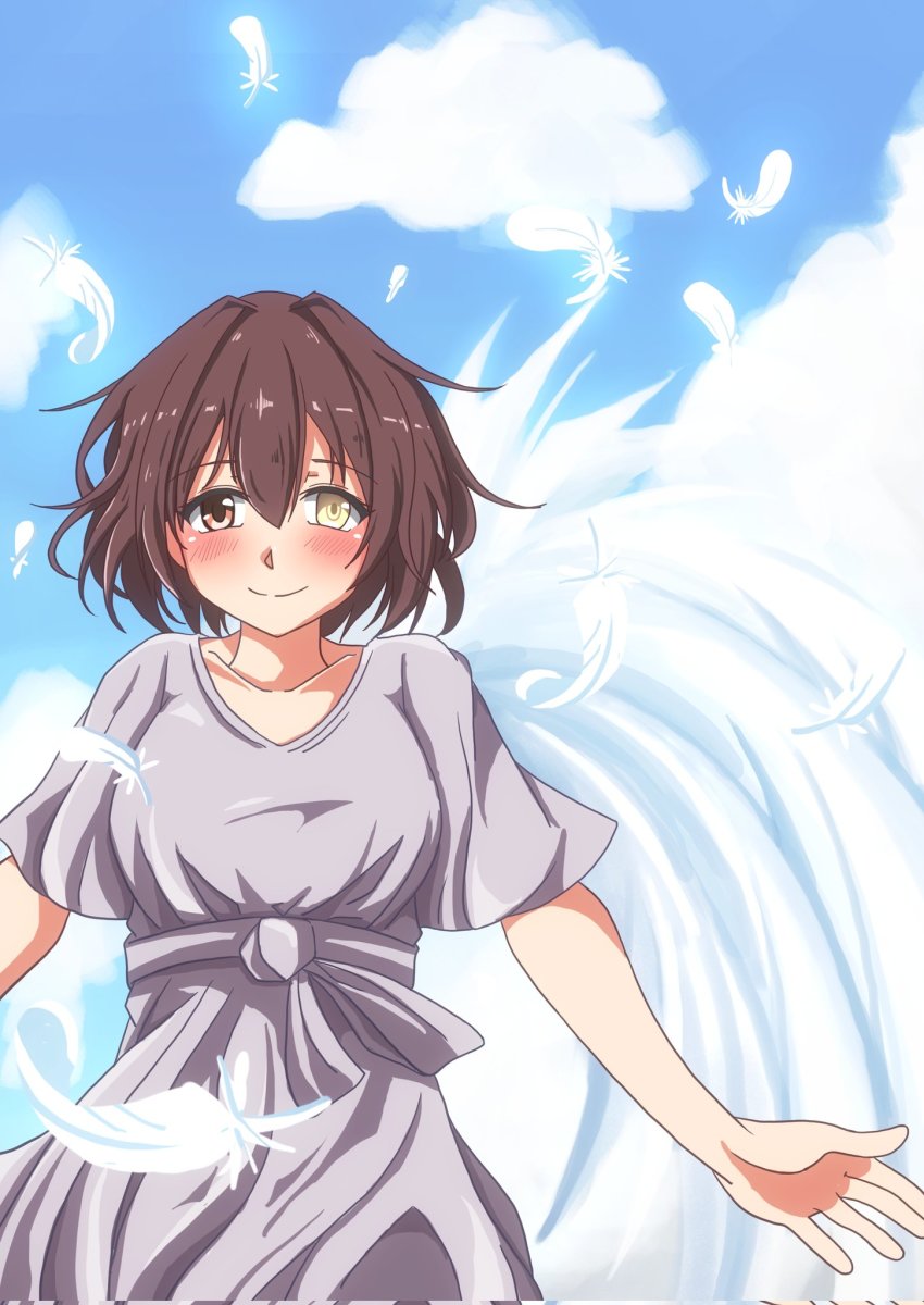 1girl, angel_wings, blue_sky, brown_hair, cloud, commission, cowboy_shot, dress