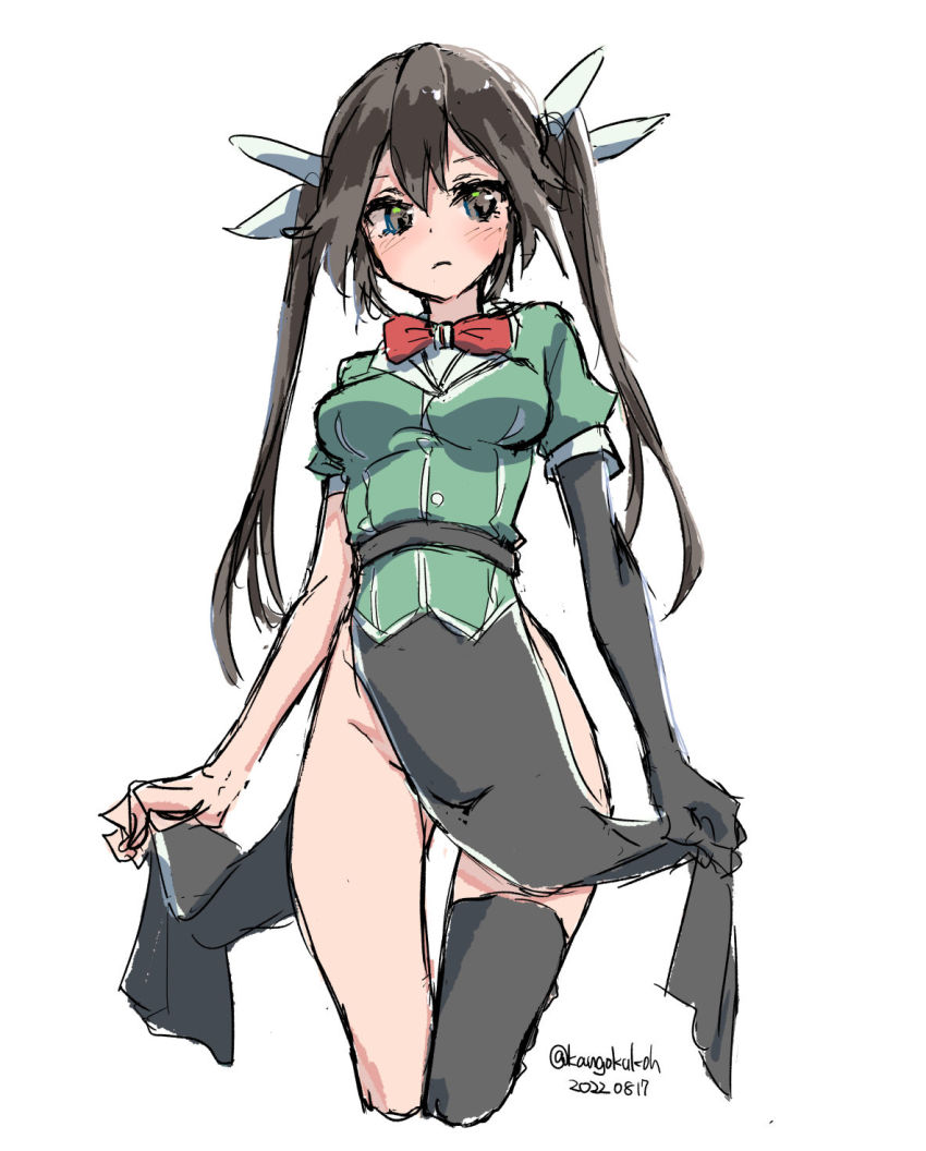 1girl, black_thighhighs, brown_hair, cowboy_shot, dated, elbow_gloves, gloves, green_shirt