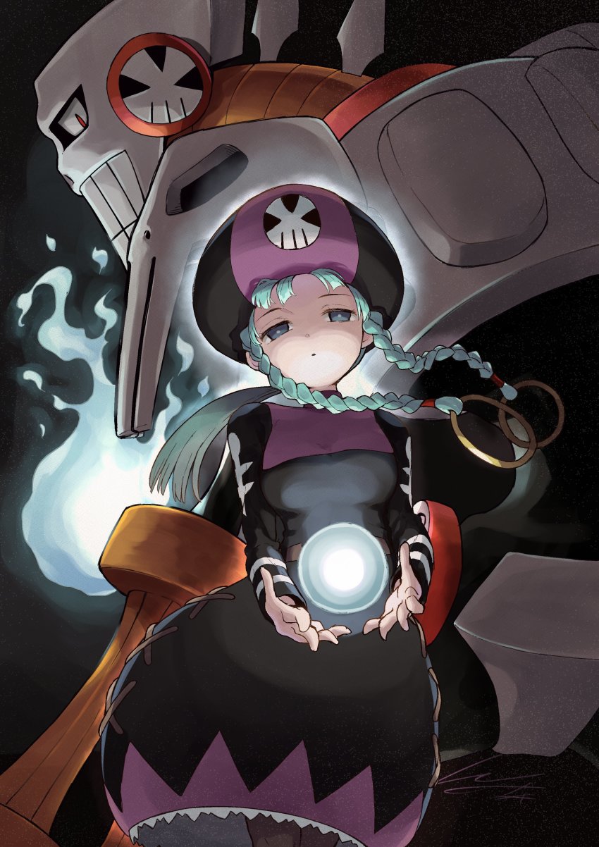 1girl, absurdres, aqua_hair, black_dress, blunt_bangs, braid, breasts, dress, hair_ornament, hat, highres, io_naomichi, long_hair, looking_at_viewer, mega_man_(series), mega_man_battle_network, mega_man_battle_network_(series), mega_man_battle_network_1, miyu_(mega_man), pantyhose, purple_eyes, simple_background, skullman.exe, twin_braids