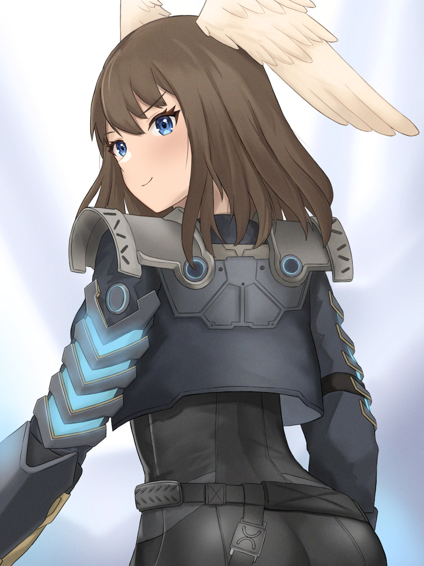 absurdres, armor, ass, belt, blue_eyes, bodysuit, buckle, cosplay, eunie_(xenoblade), from_behind, head_wings, highres, keaworks, light, looking_back, shoulder_pads, vest, wings, xenoblade_chronicles_(series), xenoblade_chronicles_3, zeon_(xenoblade), zeon_(xenoblade)_(cosplay)