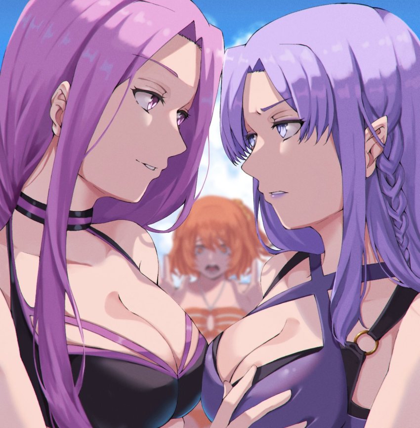 3girls, ahoge, annoyed, bikini, blue_eyes, blue_hair, braid, breasts, cleavage, closed_mouth, collar, command_spell, eye_contact, facial_mark, fate/grand_order, fate/stay_night, fate_(series), female_focus, forehead_mark, frown, fujimaru_ritsuka_(female), fujimaru_ritsuka_(female)_(brilliant_summer), grabbing_another's_breast, groping, hair_ornament, hair_scrunchie, highres, large_breasts, long_hair, looking_at_another, matching_hair/eyes, medea_(caster)_(fate), medea_(fate), medusa_(fate), medusa_(rider)_(fate), multiple_girls, nikumaki43, o-ring, o-ring_bikini, official_alternate_costume, one_side_up, orange_bikini, orange_eyes, orange_hair, orange_scrunchie, pointy_ears, purple_eyes, purple_hair, scrunchie, side_braid, side_ponytail, square_pupils, striped_bikini, striped_clothes, swimsuit, upper_body, v-shaped_eyebrows, very_long_hair
