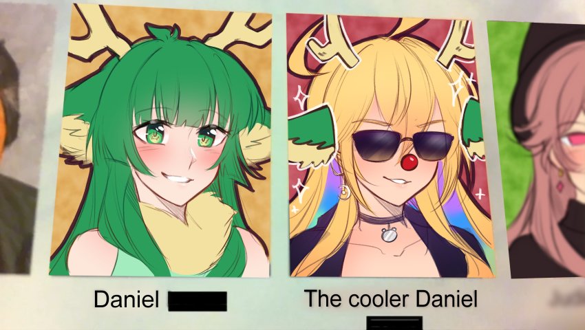 3girls, absurdres, ahoge, antlers, arai_shinomiya, blonde_hair, blunt_bangs, blush, choker, clown_nose, commentary, earrings, english_commentary, green_eyes, green_hair, hair_between_eyes, haruka_karibu, hat, highres, horns, indie_virtual_youtuber, jewelry, looking_at_viewer, meme, multiple_girls, parted_lips, pink_eyes, pink_hair, portrait, shinomiya_arts, smile, sunglasses, teeth, the_cooler_daniel_(meme), virtual_youtuber