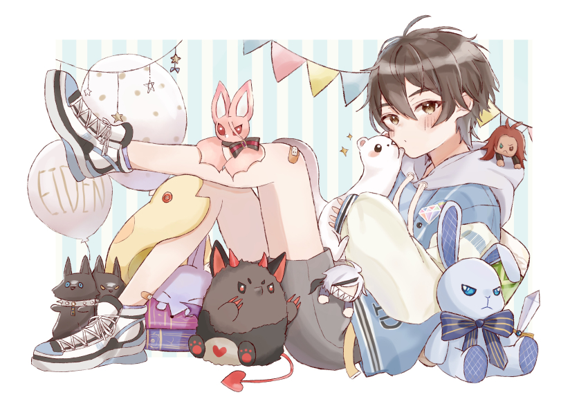 6+boys, absurdres, age_regression, aged_down, ahoge, animal, aster_(bat)_(nu_carnival), aster_(nu_carnival), blade_(nu_carnival), blue_background, blush, border, brown_eyes, brown_hair, character_doll, child, closed_mouth, dante_(nu_carnival), doll, edmond_(nu_carnival), eiden_(nu_carnival), eiden_(young)_(nu_carnival), full_body, garu_(nu_carnival), highres, kanan_umoto, karu_(nu_carnival), looking_at_viewer, male_focus, morvay_(bat)_(nu_carnival), morvay_(nu_carnival), multicolored_background, multiple_boys, nu_carnival, olivine_(nu_carnival), quincy_(nu_carnival), short_hair, shorts, sitting, striped_wall, white_background, white_border, yakumo_(nu_carnival)