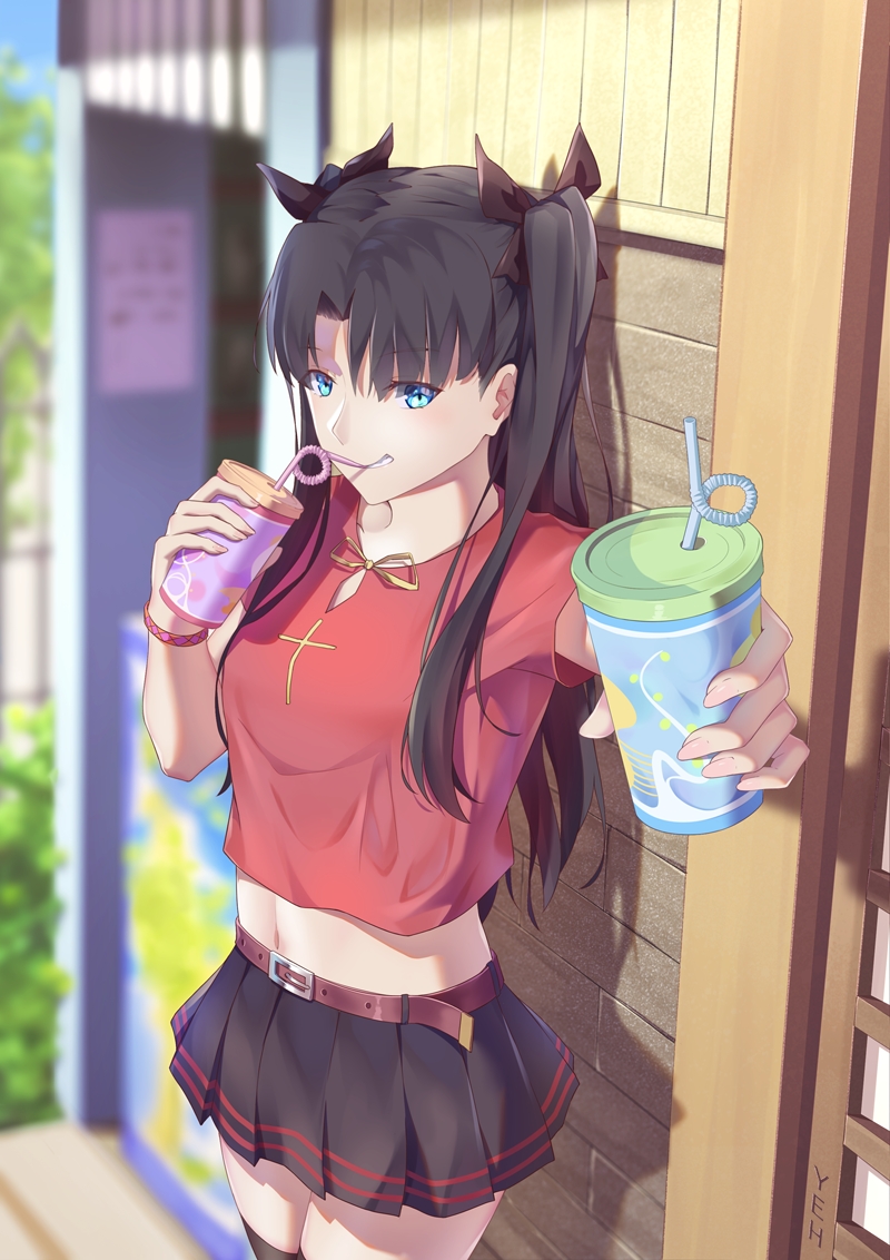 1girl, belt, black_hair, blue_eyes, blurry, blurry_background, breasts, cup