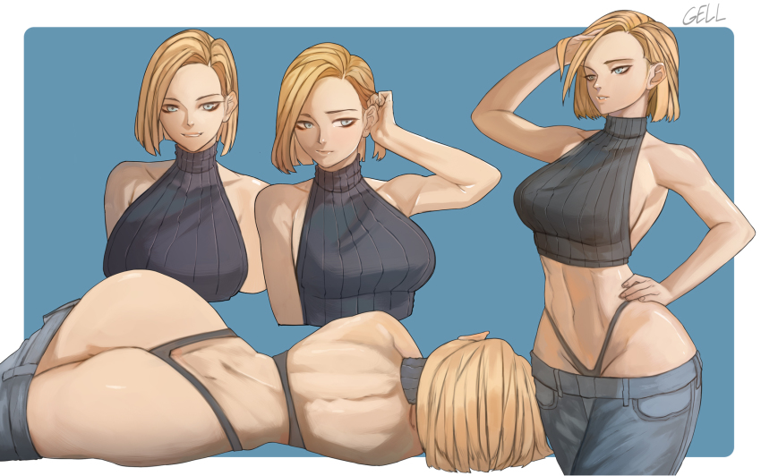 adjusting_hair, android_18, artist_name, ass, asymmetrical_hair, back, bare_shoulders, blonde_hair, blue_eyes, breasts, butt_crack, collarbone, crop_top, cropped_sweater, denim, dragon_ball, dragonball_z, facing_away, forehead, gelldraws, highleg, highleg_panties, highres, huge_ass, jeans, large_breasts, linea_alba, looking_to_the_side, lowleg, lowleg_pants, lying, medium_hair, midriff, multiple_views, muscular, muscular_female, no_bra, on_side, panties, pants, projected_inset, ribbed_sweater, shoulder_blades, sidelocks, simple_background, sweater, thong, turtleneck, turtleneck_crop_top, underwear