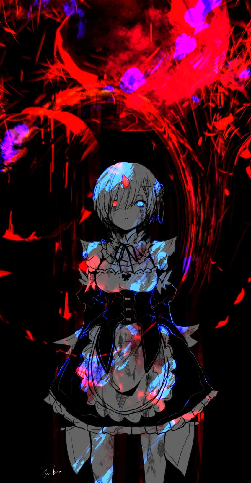 1girl, 3kuma, absurdres, apron, blue_eyes, hair_between_eyes, hair_ornament, heterochromia, highres, looking_at_viewer, maid, re:zero_kara_hajimeru_isekai_seikatsu, red_eyes, rem_(re:zero), ribbon, roswaal_mansion_maid_uniform, short_hair, solo, standing, x_hair_ornament