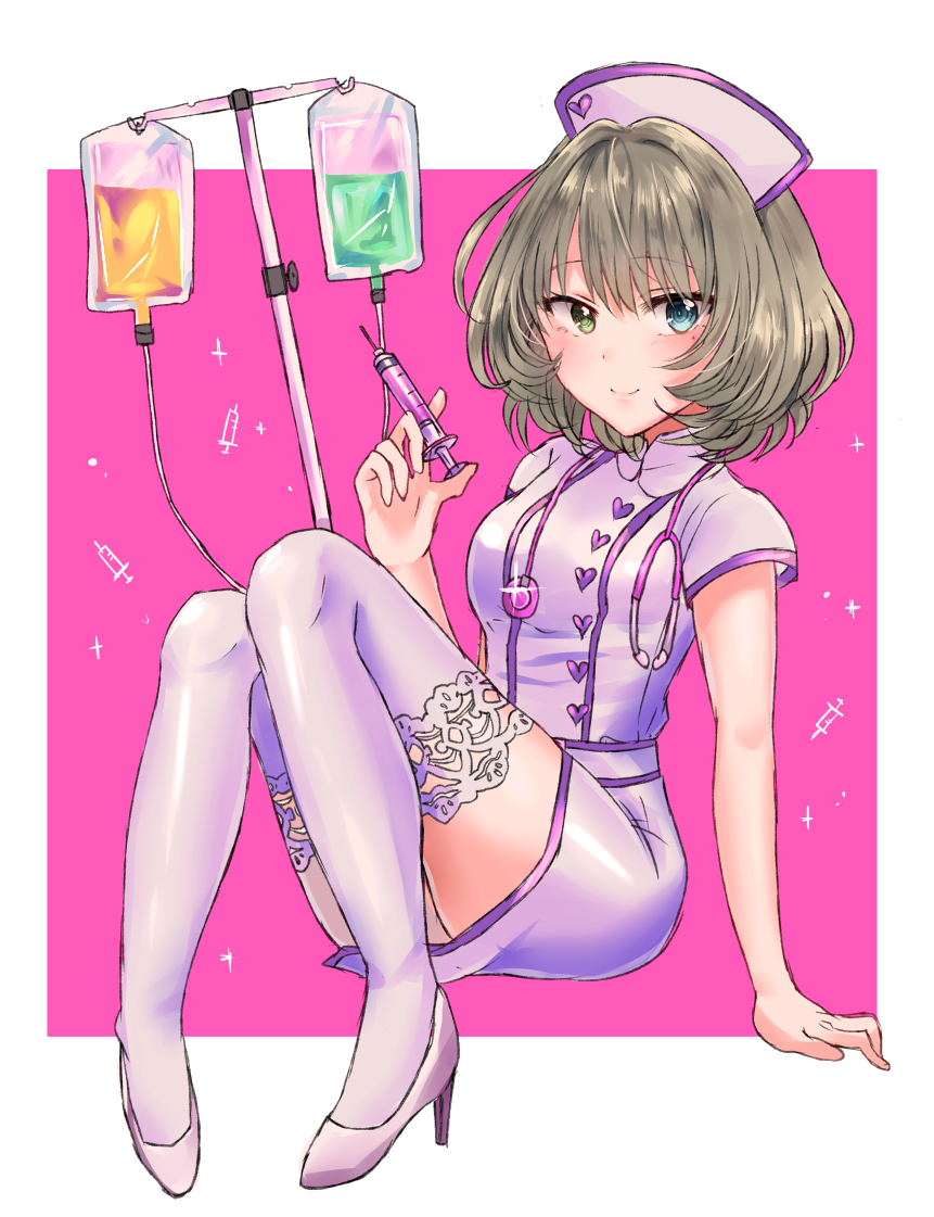 1girl, blue_eyes, brown_hair, chii_(sbshop), closed_mouth, full_body, green_eyes, hat