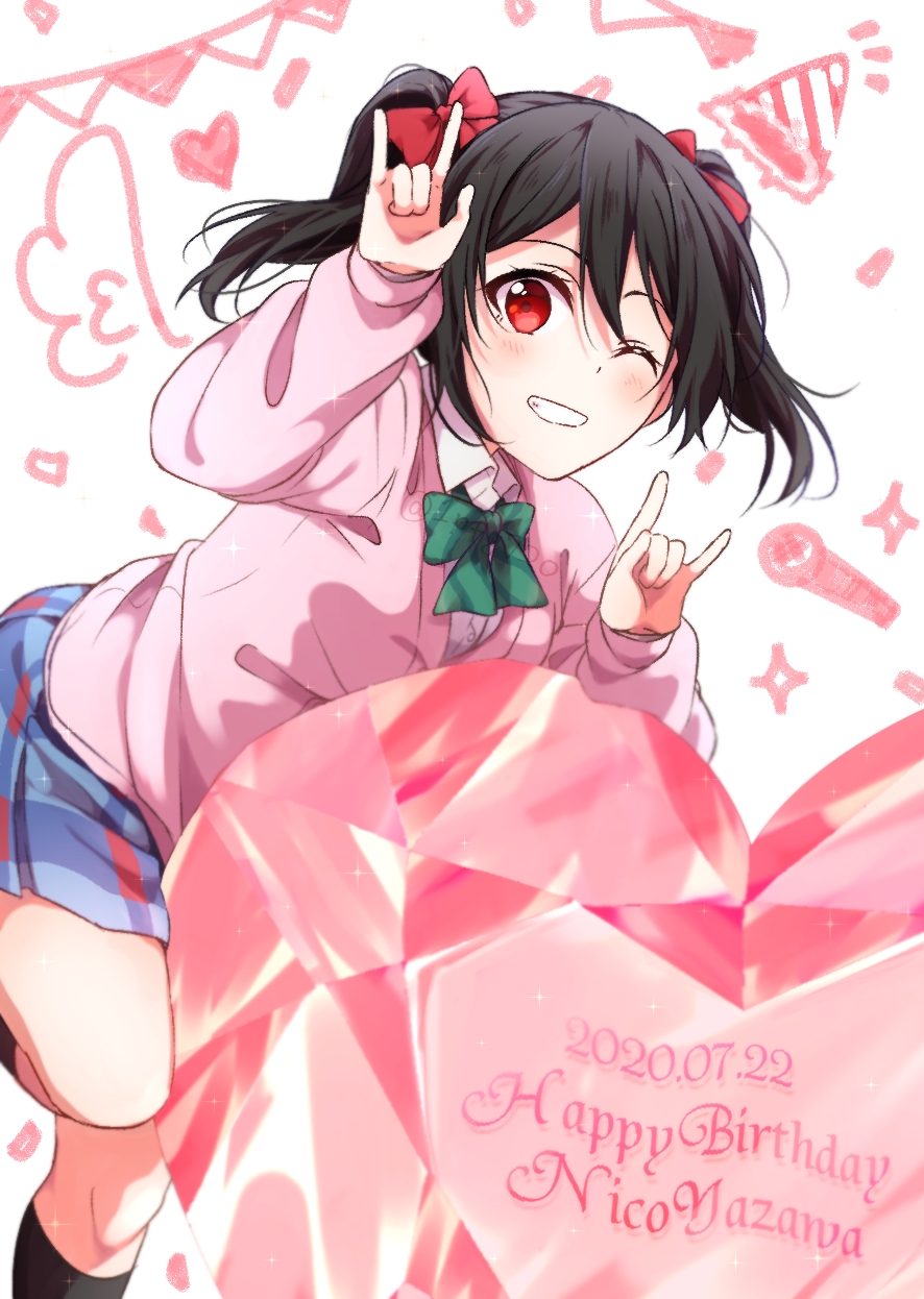 1girl, 2020, black_hair, blue_skirt, bow, bowtie, cardigan, collared_shirt