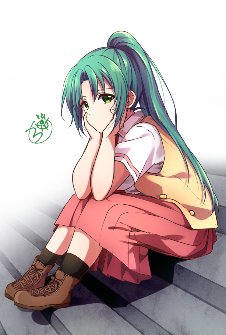 1girl, brown_footwear, full_body, green_eyes, green_hair, hair_between_eyes, hair_intakes, head_rest, high_ponytail, higurashi_no_naku_koro_ni, long_hair, long_skirt, ooda_karashi, pink_skirt, pleated_skirt, ponytail, school_uniform, shirt, short_sleeves, sitting, skirt, socks, solo, sonozaki_mion, stairs, very_long_hair, vest, white_background, white_shirt, yellow_vest