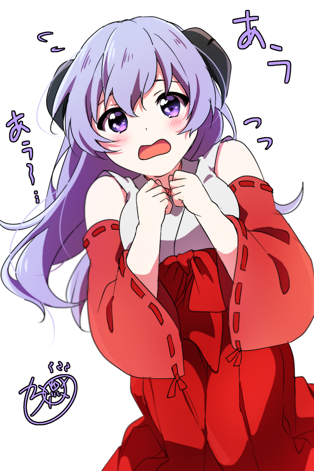 1girl, detached_sleeves, floating_hair, hair_between_eyes, hakama, hanyuu, highres, higurashi_no_naku_koro_ni, japanese_clothes, kimono, long_hair, long_sleeves, looking_at_viewer, miko, ooda_karashi, open_mouth, purple_eyes, purple_hair, red_hakama, red_sleeves, ribbon-trimmed_sleeves, ribbon_trim, sleeveless, sleeveless_kimono, solo, wavy_mouth, white_background, white_kimono, wide_sleeves