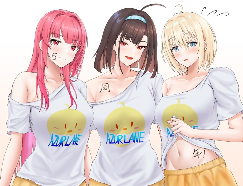3girls, :d, ahoge, alternate_costume, anniversary, azur_lane, banba_(jakqbigone), bataan_(azur_lane)