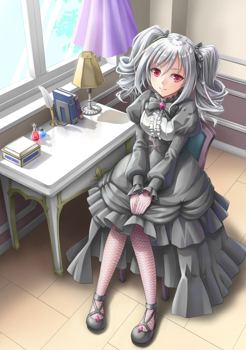 1girl, black_bow, black_bowtie, black_dress, black_ribbon, black_shoes, book, bottle