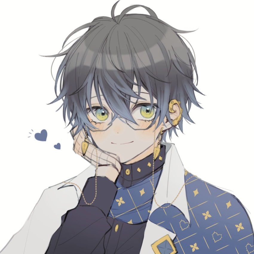 1boy, black_gloves, black_shirt, blue_capelet, blue_hair, blue_scarf, blush, buttons