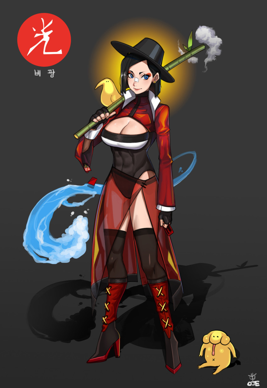 1girl, abs, bamboo, bandaid, bandaid_on_face, bandaid_on_nose, black_footwear, black_gloves