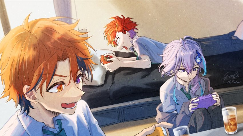 3boys, :d, ahoge, alternate_costume, antenna_hair, aqua_eyes, bed, black_hair