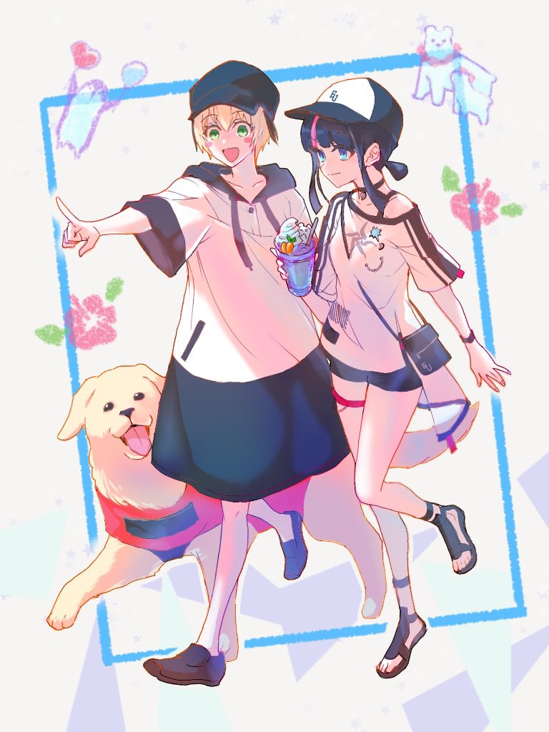 2girls, baseball_cap, black_hair, blonde_hair, blue_eyes, blush_stickers, dasimaki510, dog, fate/grand_order, fate_(series), gareth_(fate), gareth_(swimsuit_saber)_(fate), gareth_(swimsuit_saber)_(first_ascension)_(fate), green_eyes, hat, hood, hoodie, magatama, multiple_girls, pointing, sandals, shorts, smile, utsumi_erice, utsumi_erice_(swimsuit_avenger)_(first_ascension)