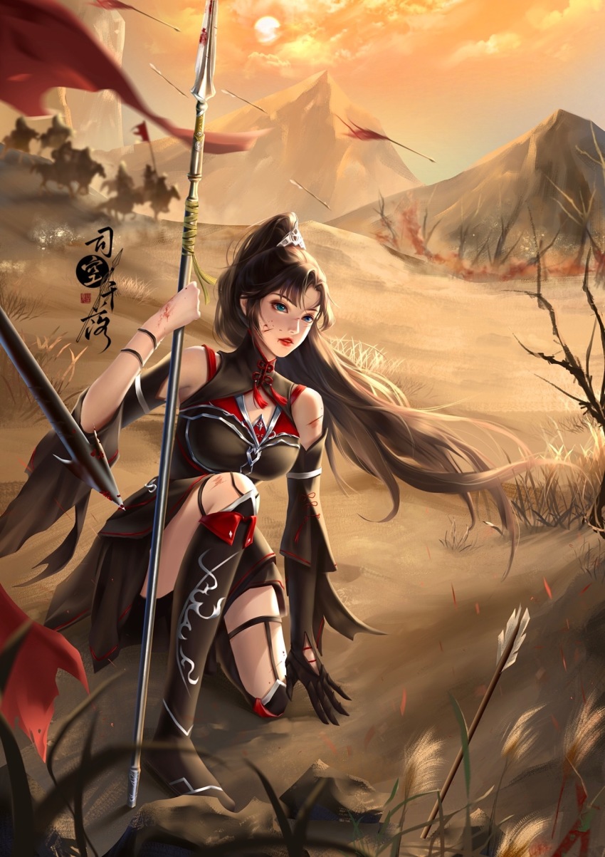 1girl, armor, armored_dress, arrow_(projectile), bare_tree, black_dress, blood, blood_on_face, boots, cloud, cuts, detached_sleeves, dress, full_body, heterochromia, highres, horse, injury, mountain, polearm, ponytail, rock, second-party_source, shaonian_ge_xing, sikong_qianluo_(shaonian_ge_xing), solo, spear, sun, torn_clothes, torn_flag, tree, weapon, xiao_tu_zai_zi