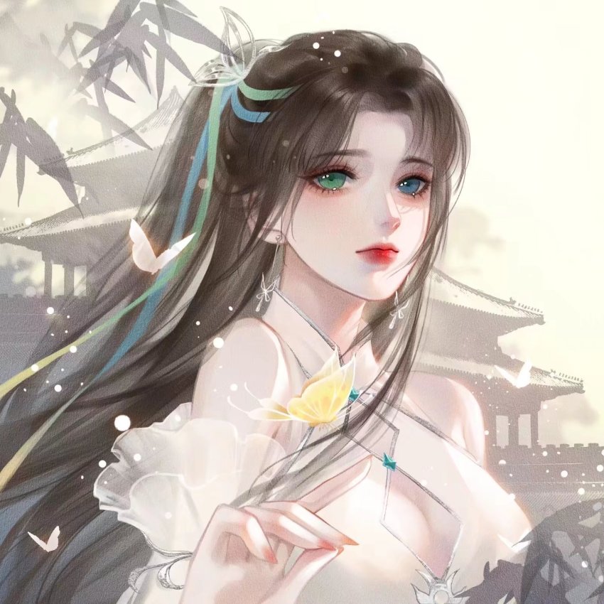 1girl, breast_cutouts, brown_hair, bug, building, butterfly, butterfly_hair_ornament, closed_mouth