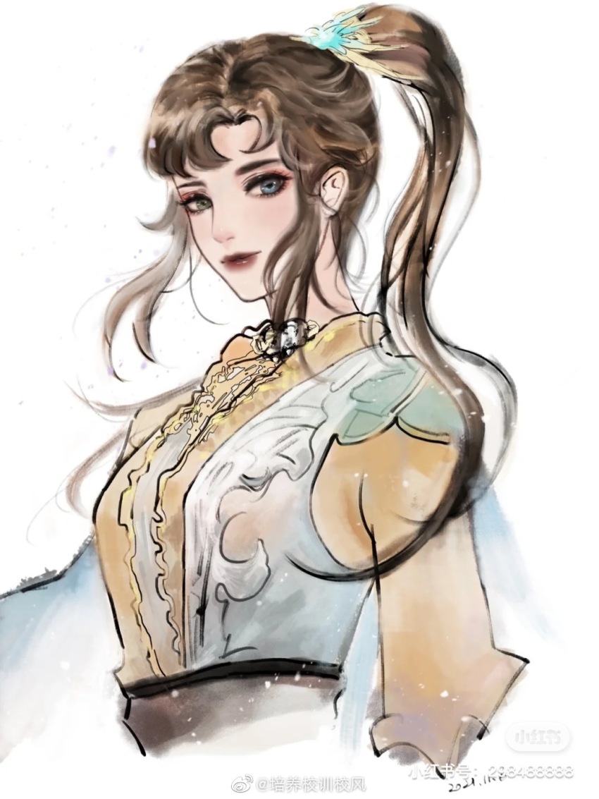 1girl, brown_hair, chinese_clothes, closed_mouth, dress, hair_ornament, hair_strand, heterochromia