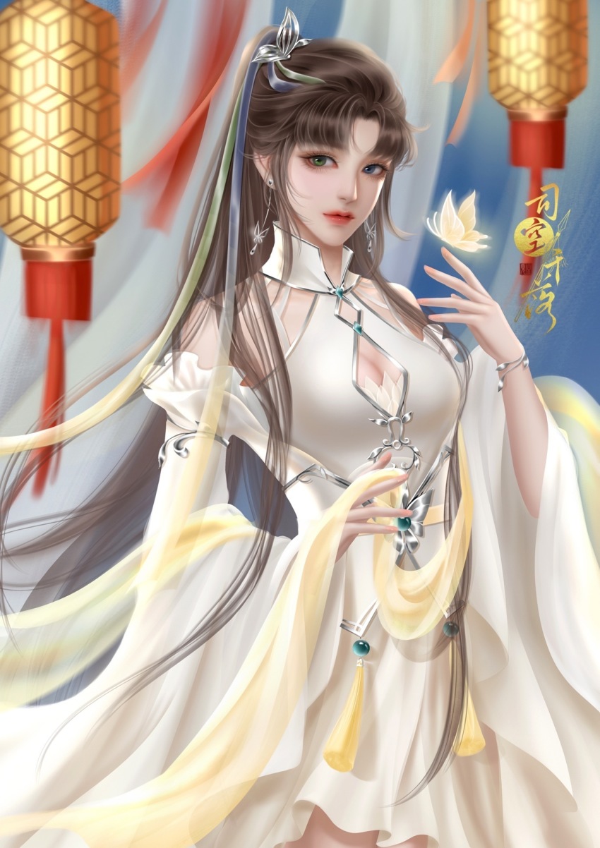1girl, blue_background, brown_hair, bug, butterfly, butterfly_hair_ornament, china_dress, chinese_clothes, detached_sleeves, dress, glowing_butterfly, hair_ornament, hair_tie, heterochromia, highres, holding_cloth, huahua_de_mo_nian, insect, lantern, long_hair, looking_to_the_side, ponytail, second-party_source, shaonian_ge_xing, sikong_qianluo_(shaonian_ge_xing), solo, streamers, upper_body