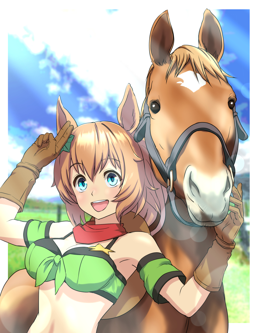 1girl, :d, absurdres, animal_ears, aqua_eyes, armband, bare_shoulders, breasts, brown_gloves, cheenosuke, cleavage, cowboy_western, creature_and_personification, gloves, green_armband, hair_between_eyes, hair_ornament, highres, horse, horse_ears, horse_girl, large_breasts, light_brown_hair, looking_at_viewer, medium_hair, midriff, open_mouth, personification, real_life, red_scarf, scarf, smile, star_(symbol), star_hair_ornament, taiki_shuttle_(racehorse), taiki_shuttle_(umamusume), umamusume, upper_body, v