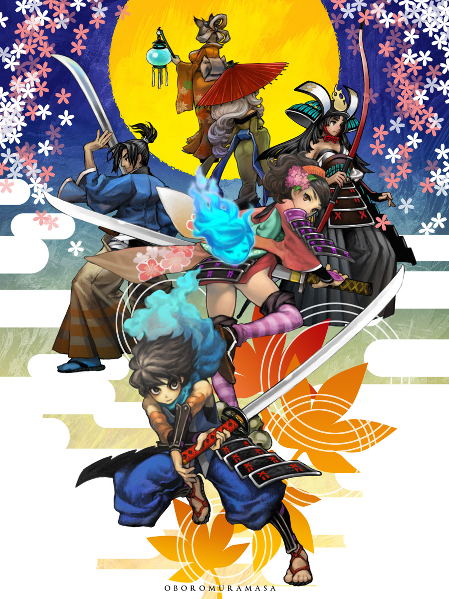 2boys, 4girls, animal_ears, armor, black_hair, bow_(weapon), breasts, brown_eyes, brown_hair, cleavage, comb, egasumi, flower, fox_ears, gauntlets, hair_flower, hair_ornament, hair_up, helmet, highres, holding, holding_sword, holding_weapon, japanese_armor, japanese_clothes, kabuto_(helmet), katana, kimono, kisuke, kongiku, kote, kurokote, kusazuri, lantern, leaf, leaf_on_head, long_hair, looking_back, medium_breasts, momohime, momohime_(hitodama), multiple_boys, multiple_girls, nichiq, ninja, object_on_head, oboro_muramasa, oil-paper_umbrella, ponytail, samurai, sandals, scarf, short_kimono, shoulder_armor, skull, sode, striped_legwear, suneate, sword, tassel, thighhighs, torahime, umbrella, vanillaware, weapon, white_hair, yagyuu_yukinojou, yukinojyo_yagyu, yuzuruha