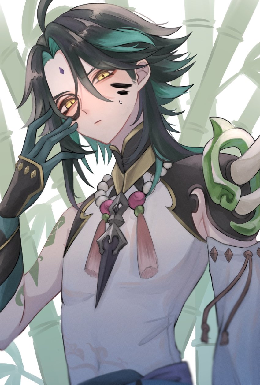 1boy, \||/, arm_guards, arm_tattoo, armor, asymmetrical_sleeves, bead_necklace, beads