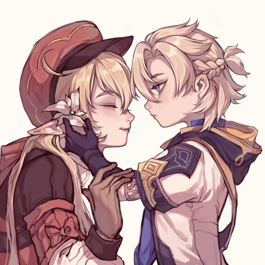 1boy, 1girl, age_switch, aged_down, aged_up, ahoge, albedo_(genshin_impact), black_gloves