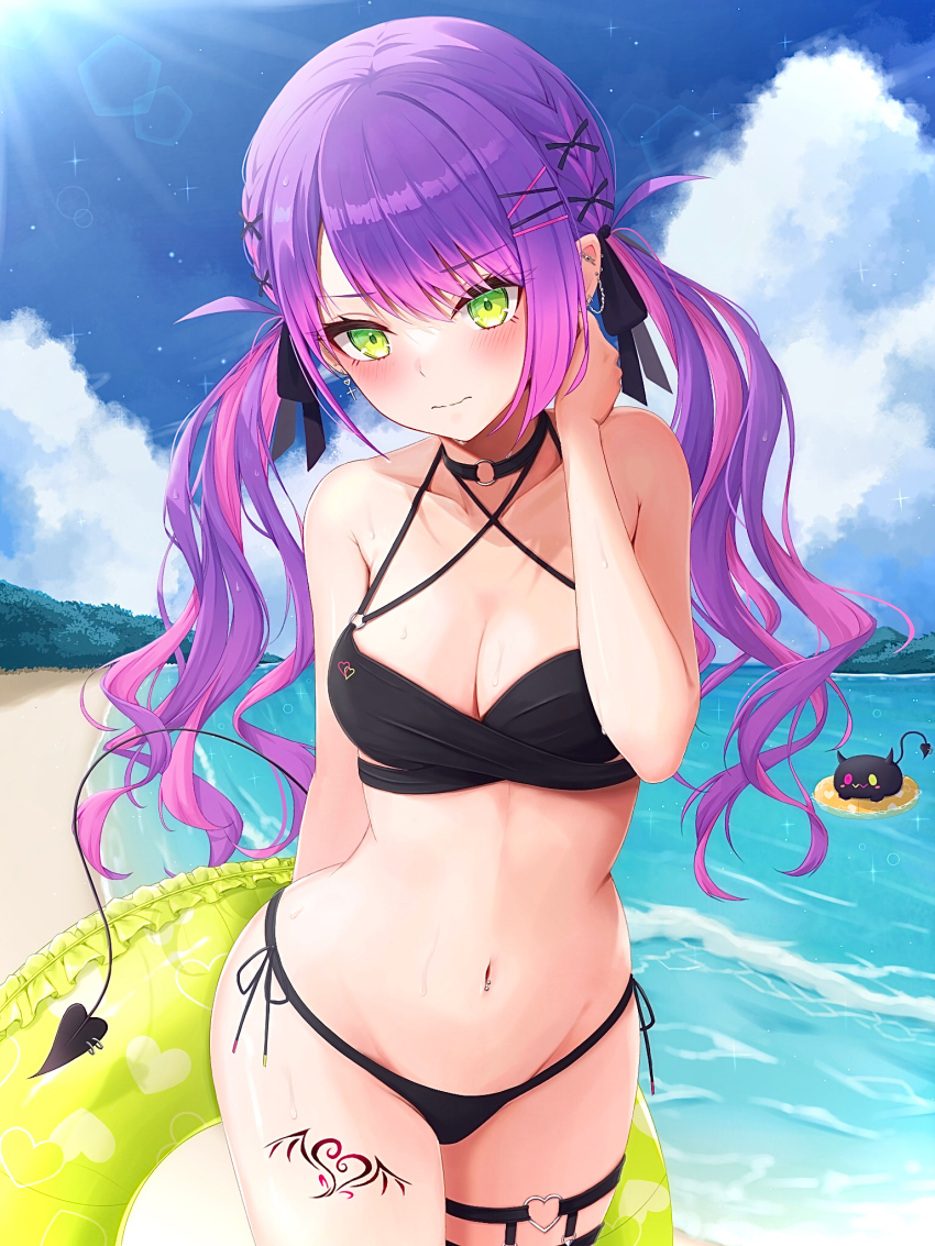 1girl, barbell_piercing, bare_shoulders, beach, bibi_(tokoyami_towa), bikini, black_bikini, blue_sky, blush, breasts, choker, cleavage, cloud, collarbone, commentary_request, day, demon_tail, ear_piercing, earrings, green_eyes, hair_ornament, hair_ribbon, hairclip, highres, hololive, industrial_piercing, innertube, jewelry, jupiterjack8, leg_tattoo, long_hair, looking_at_viewer, medium_breasts, midriff, navel, navel_piercing, o-ring, ocean, outdoors, piercing, purple_hair, ribbon, sky, solo, stomach, swim_ring, swimsuit, tail, tail_ornament, tail_piercing, tattoo, tokoyami_towa, twintails, virtual_youtuber, water
