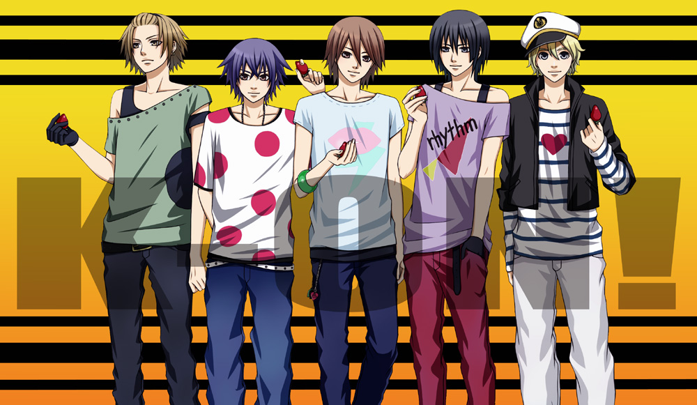 5boys, akiyama_mio, food, fruit, genderswap, genderswap_(ftm), hat, hirasawa_yui, ho-kago_tea_time, holding, holding_food, holding_fruit, k-on!, koto_fuzuki, kotobuki_tsumugi, listen!!, male_focus, multiple_boys, nakano_azusa, sailor_hat, strawberry, tainaka_ritsu