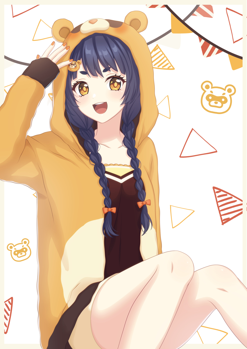 1girl, absurdres, bare_legs, blue_hair, bow, braid, breasts, brown_dress, brown_hoodie, brown_jacket, cosplay, dress, genshin_impact, guoba_(genshin_impact), guoba_(genshin_impact)_(cosplay), hair_ornament, highres, hood, hoodie, jacket, long_sleeves, loungewear, medium_breasts, nail_polish, open_mouth, orange_bow, pink_nails, pochimaru_(marumaru_wanwan), smile, twin_braids, xiangling_(genshin_impact), yellow_eyes