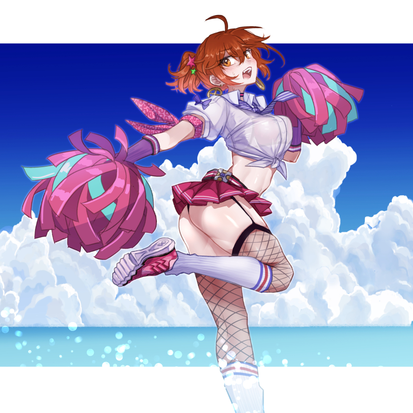 1girl, ass, bikini, bikini_under_clothes, blush, breasts, cheerleader, cloud, earrings, fate/grand_order, fate_(series), fujimaru_ritsuka_(female), highres, jewelry, medium_breasts, midriff, nana73, orange_hair, ponytail, shoes, short_ponytail, sneakers, swimsuit