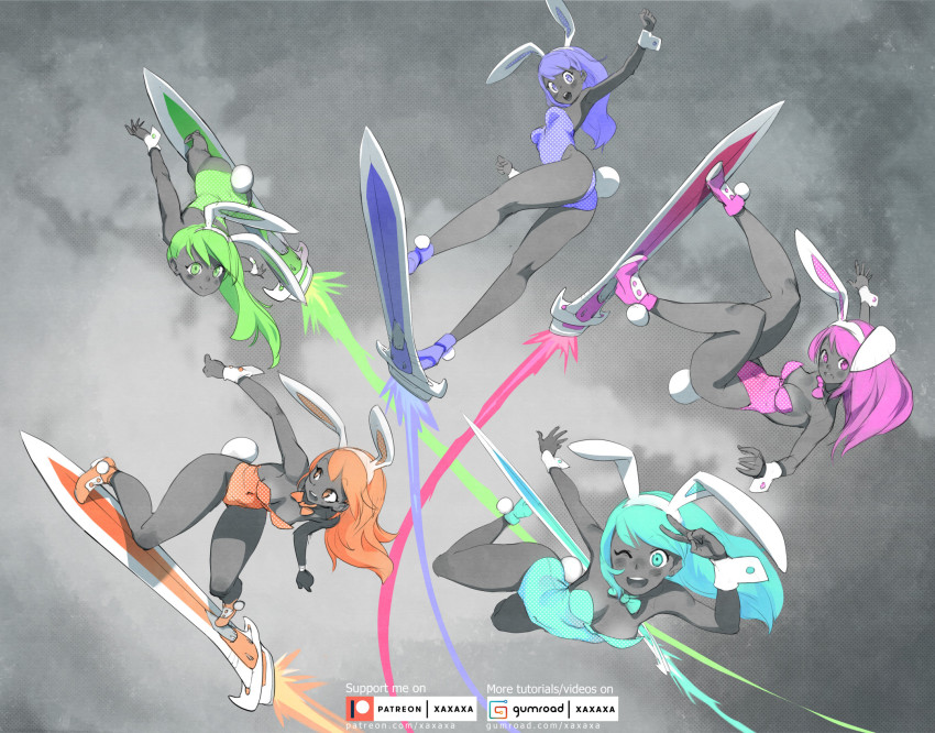 5girls, ankle_boots, aqua_eyes, aqua_hair, aqua_leotard, ass, boots, breasts