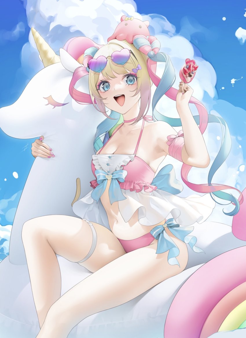 1girl, :d, back_bow, bikini, blonde_hair, blue-tinted_eyewear, blue_bow, blue_eyes, blue_hair, blue_sky, bow, bow_bikini, breasts, chocolate, chouzetsusaikawa_tenshi-chan, chouzetsusaikawa_tenshi-chan_(mizugi), closed_eyes, cloud, commentary, eyeshadow, eyewear_on_head, food, frilled_bikini, frills, fruit, hair_bun, heart, heart_hair_bun, heart_in_eye, highres, holding, holding_food, holding_ice_cream, ice_cream, innertube, looking_at_viewer, makeup, medium_breasts, multicolored_hair, nail_polish, needy_girl_overdose, ohisashiburi, open_mouth, pink_bikini, pink_eyeshadow, pink_hair, pink_nails, purple-tinted_eyewear, quad_tails, side-tie_bikini_bottom, sidelocks, sitting, sky, smile, solo, strawberry, sunglasses, swim_ring, swimsuit, symbol_in_eye, teeth, thigh_strap, tinted_eyewear, untranslatable_commentary, upper_teeth_only