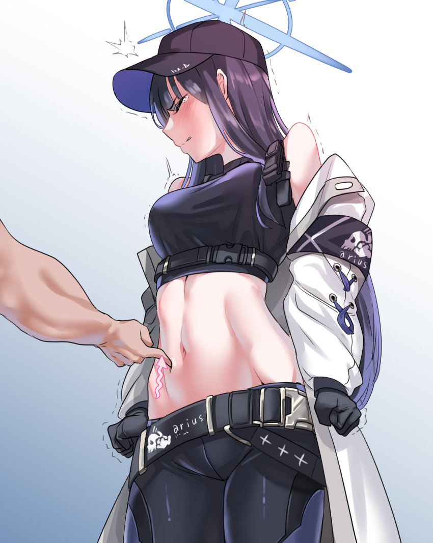 1girl, absurdres, armband, arrow_(symbol), bare_shoulders, baseball_cap, belt, black_belt