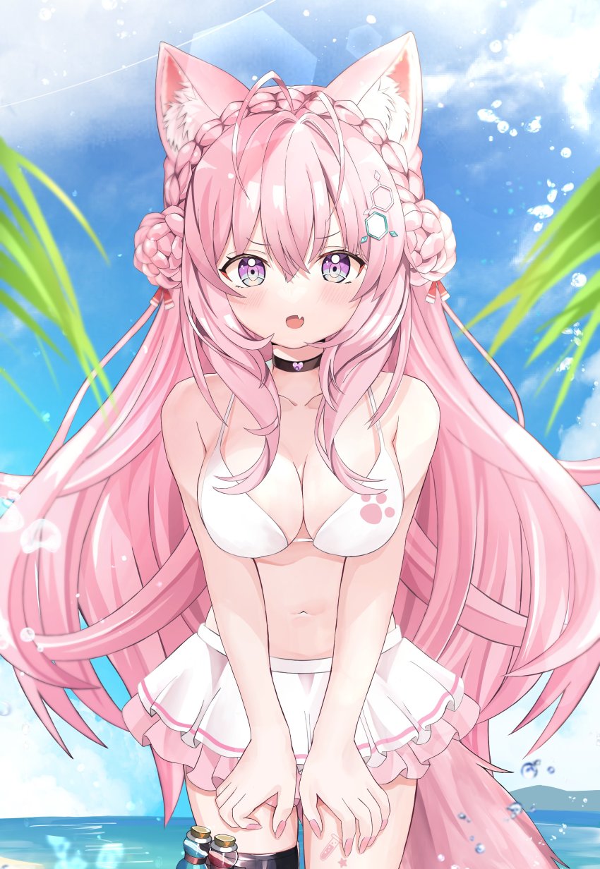 1girl, absurdres, animal_ear_fluff, animal_ears, bikini, bikini_skirt, blush, braid