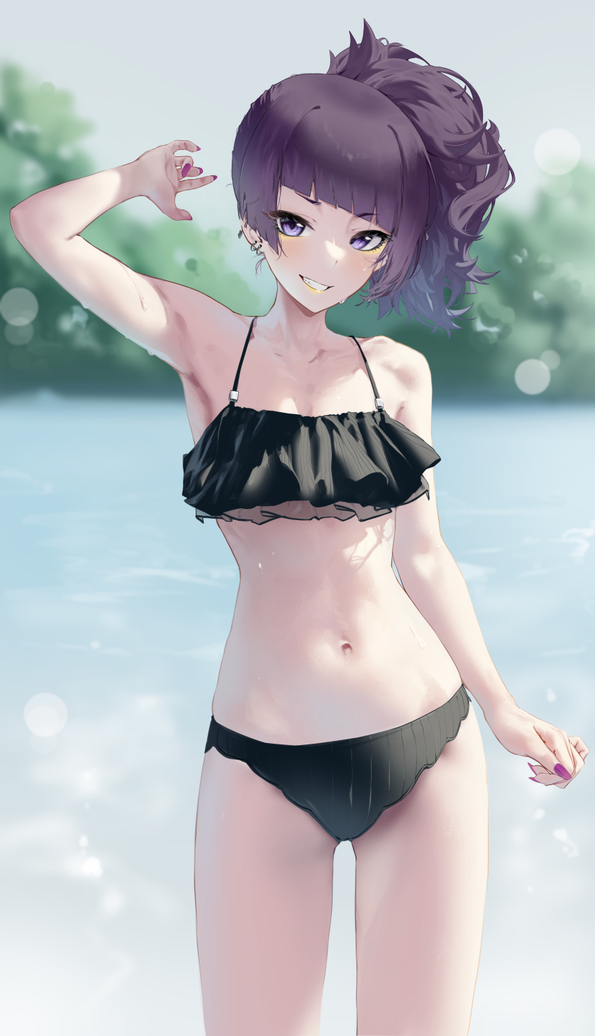 1girl, :d, absurdres, arm_up, armpits, bare_arms, bare_shoulders, bikini