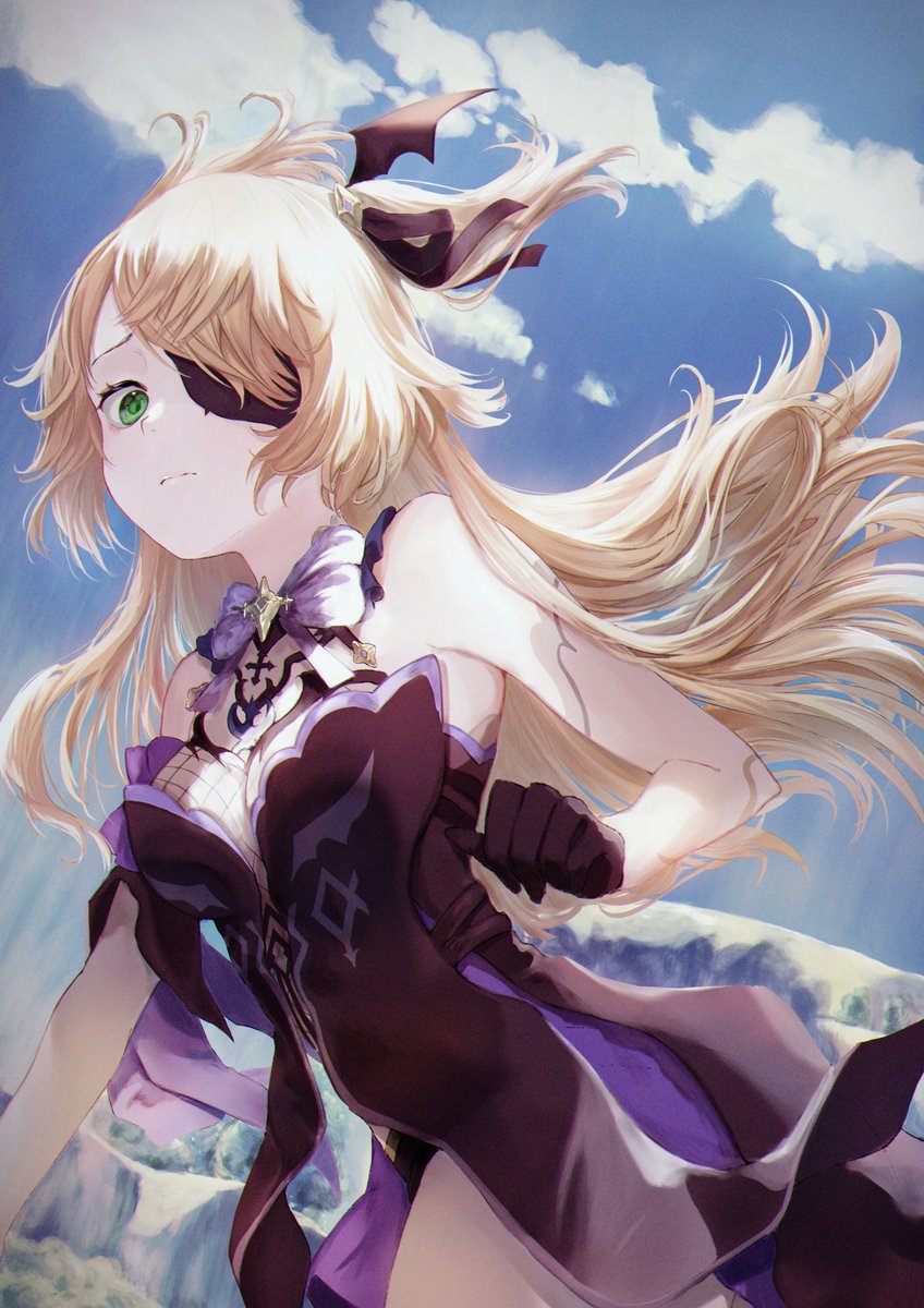 1girl, bad_id, bad_twitter_id, bare_shoulders, black_dress, black_gloves, black_ribbon, blonde_hair