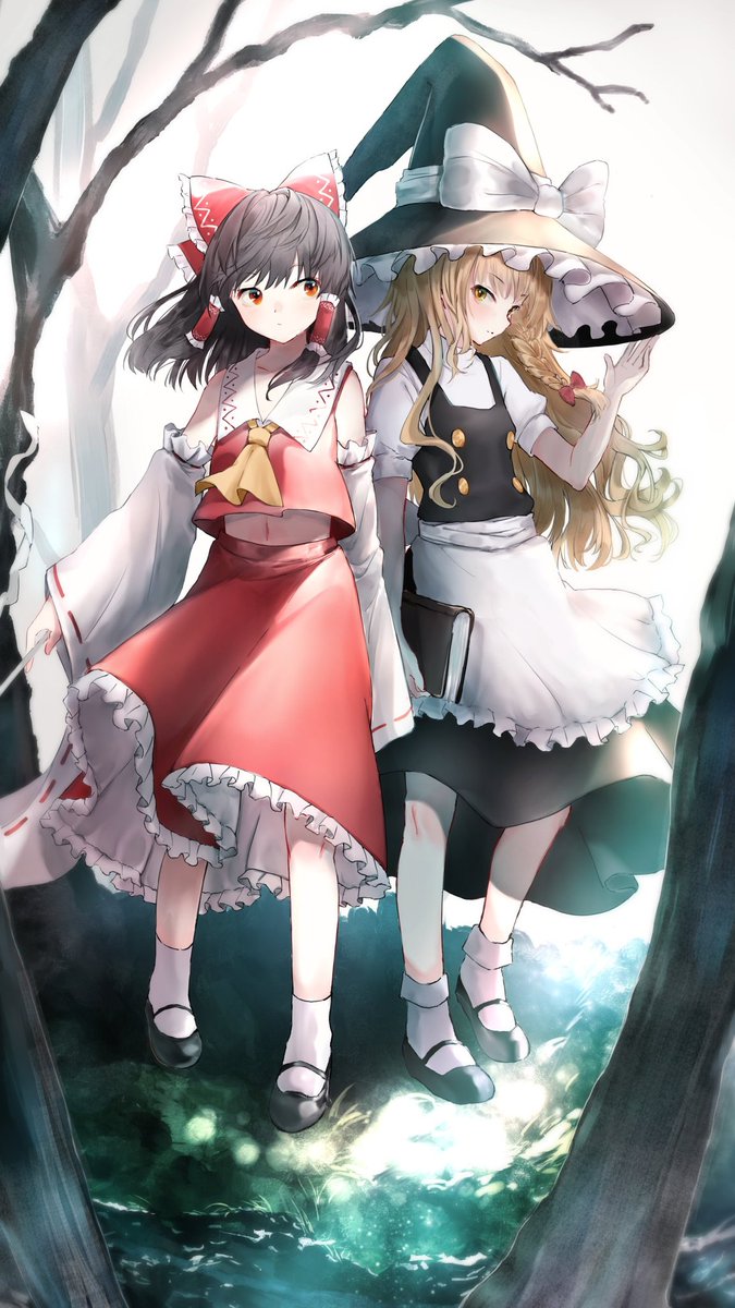 2girls, apron, bad_id, bad_twitter_id, bare_tree, black_headwear, black_shirt, black_skirt