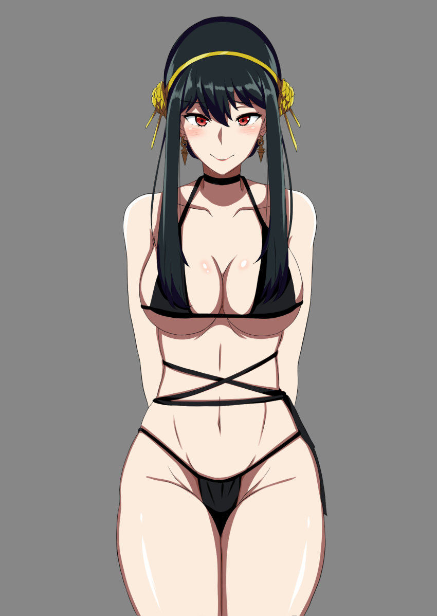 1girl, arms_behind_back, bikini, black_bikini, black_choker, black_hair, breasts, choker, closed_mouth, earrings, flower, gold_earrings, gold_hairband, grey_background, groin, hair_flower, hair_ornament, hairband, highres, jewelry, large_breasts, navel, red_eyes, red_lips, rose, sidelocks, simple_background, smile, solo, spikes, spy_x_family, stomach, sungose, swimsuit, thighs, yor_briar