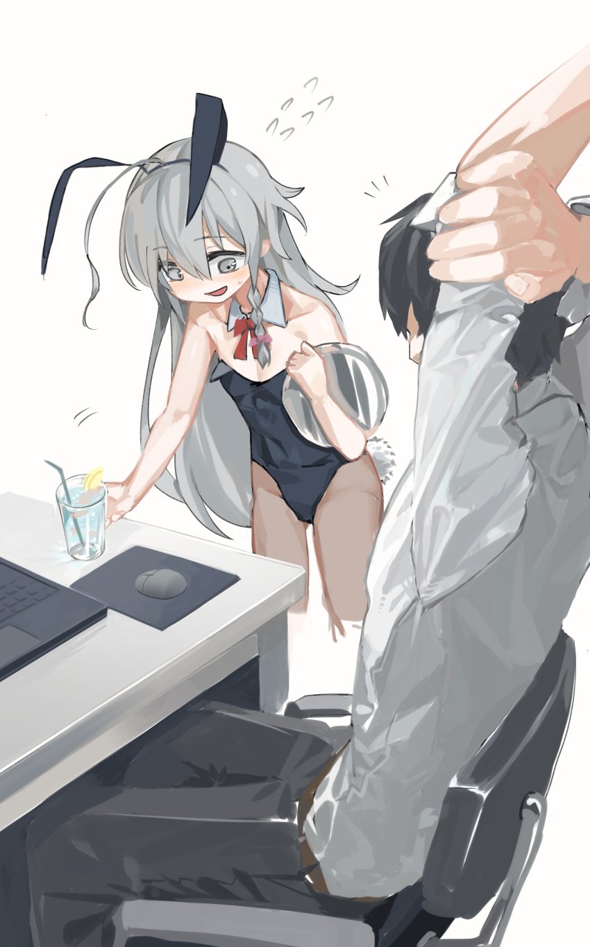 1boy, 1girl, absurdres, animal_ears, bare_shoulders, black_hair, black_leotard, black_pants