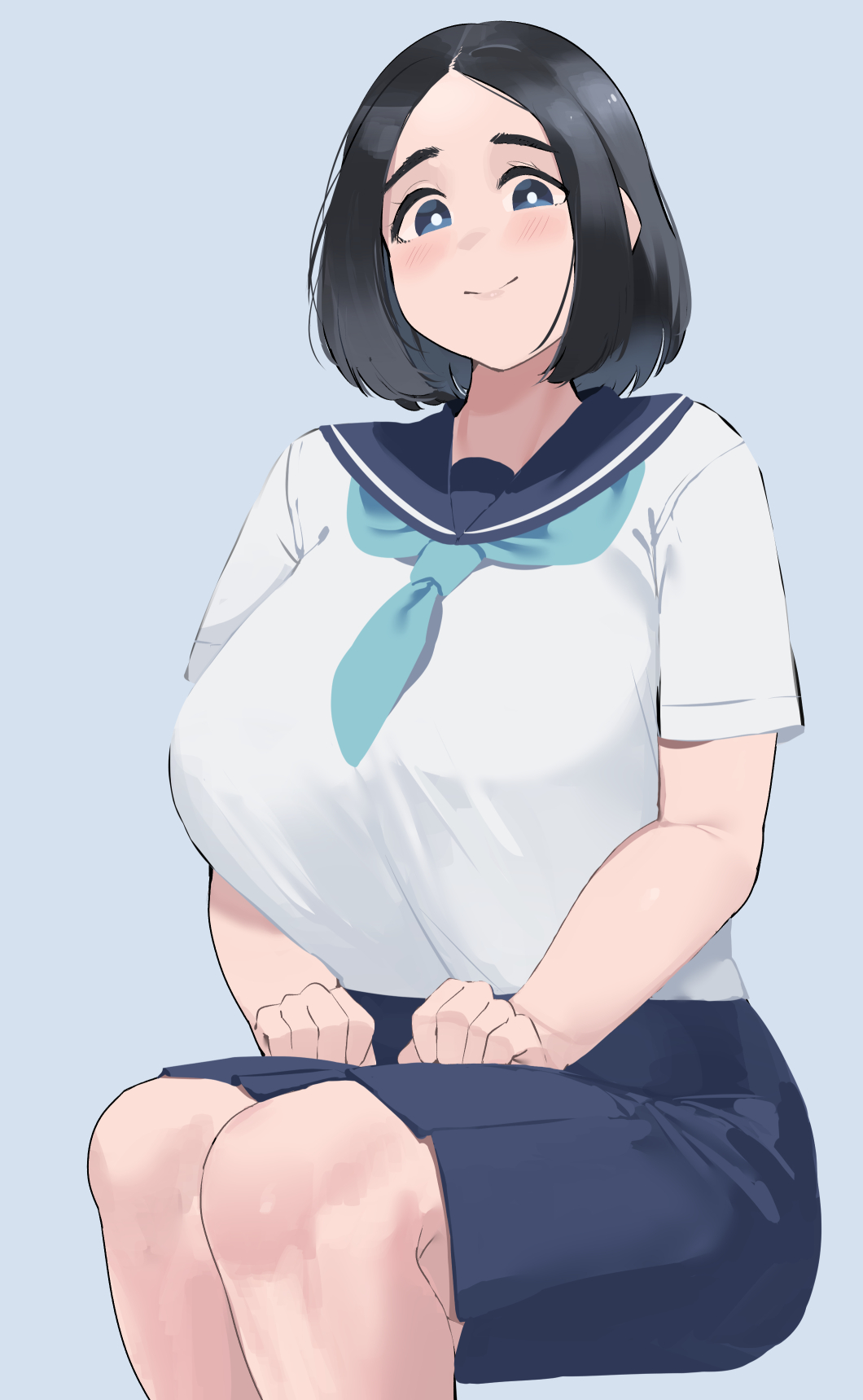 1girl, black_hair, blue_eyes, blue_period, blue_sailor_collar, blue_sky, blush, breasts, closed_mouth, commentary, grey_background, hand_on_own_leg, highres, huge_breasts, large_breasts, legs_together, looking_at_viewer, mori_maru, okpriko, sailor_collar, school_uniform, serafuku, shirt, short_hair, short_sleeves, simple_background, sitting, sky, smile, solo, tareme, white_shirt