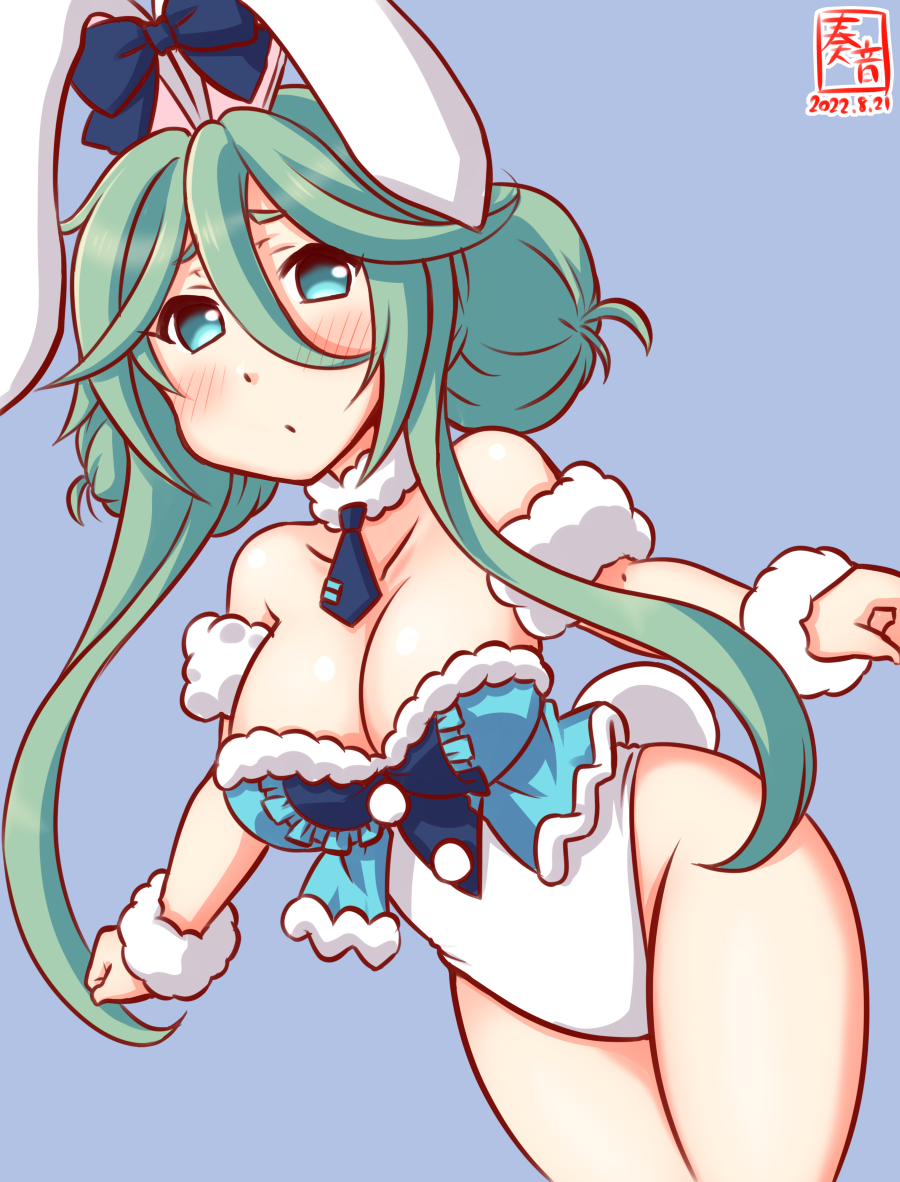 1girl, alternate_hairstyle, animal_ears, artist_logo, bicute_bunnies_miku, bicute_bunnies_miku_(cosplay), bicute_bunnies_miku_(white_bunny), black_necktie, bow, breasts, bunny_day, cinnamiku, cleavage, color_connection, commentary_request, cosplay, cowboy_shot, dated, detached_collar, ear_bow, green_eyes, green_hair, hair_between_eyes, hair_color_connection, hatsune_miku, kanon_(kurogane_knights), kantai_collection, large_breasts, leotard, logo, long_hair, looking_at_viewer, necktie, one-hour_drawing_challenge, parted_bangs, playboy_bunny, rabbit_ears, scrunchie, sidelocks, solo, vocaloid, white_leotard, yamakaze_(kancolle)