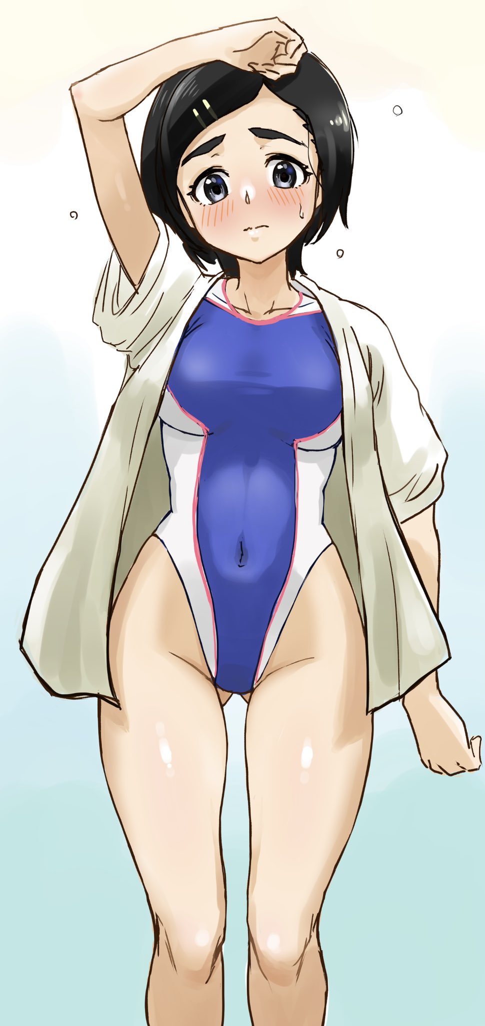 1girl, akiyama_jomu, black_eyes, black_hair, blue_one-piece_swimsuit, commentary_request, competition_swimsuit, feet_out_of_frame, gluteal_fold, hair_ornament, hairclip, highleg, highleg_one-piece_swimsuit, highres, idolmaster, idolmaster_cinderella_girls, looking_at_viewer, matsuo_chizuru, multicolored_swimsuit, one-piece_swimsuit, open_clothes, open_shirt, shirt, short_hair, solo, standing, swimsuit, white_shirt