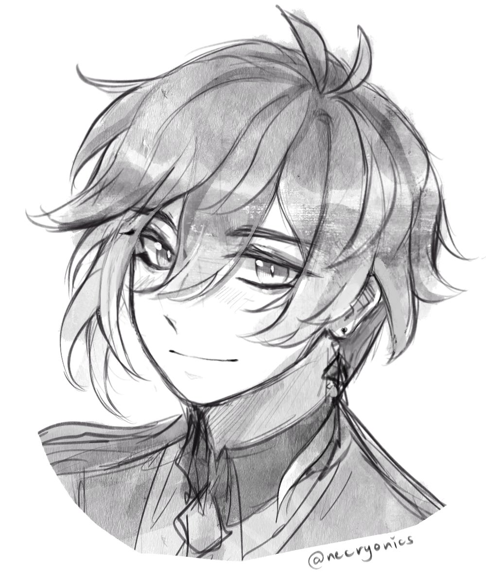 1boy, commentary, earrings, english_commentary, genshin_impact, greyscale, hair_behind_ear, hair_between_eyes, highres, jacket, jewelry, looking_at_viewer, male_focus, monochrome, necryonics, portrait, simple_background, single_earring, smile, solo, white_background, zhongli_(genshin_impact)