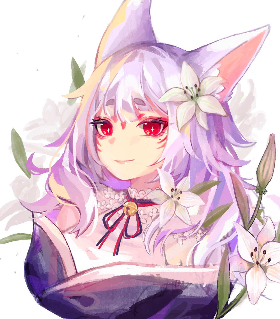 1girl, animal_ears, bell, black_kimono, black_ribbon, facial_mark, flower, forehead_mark