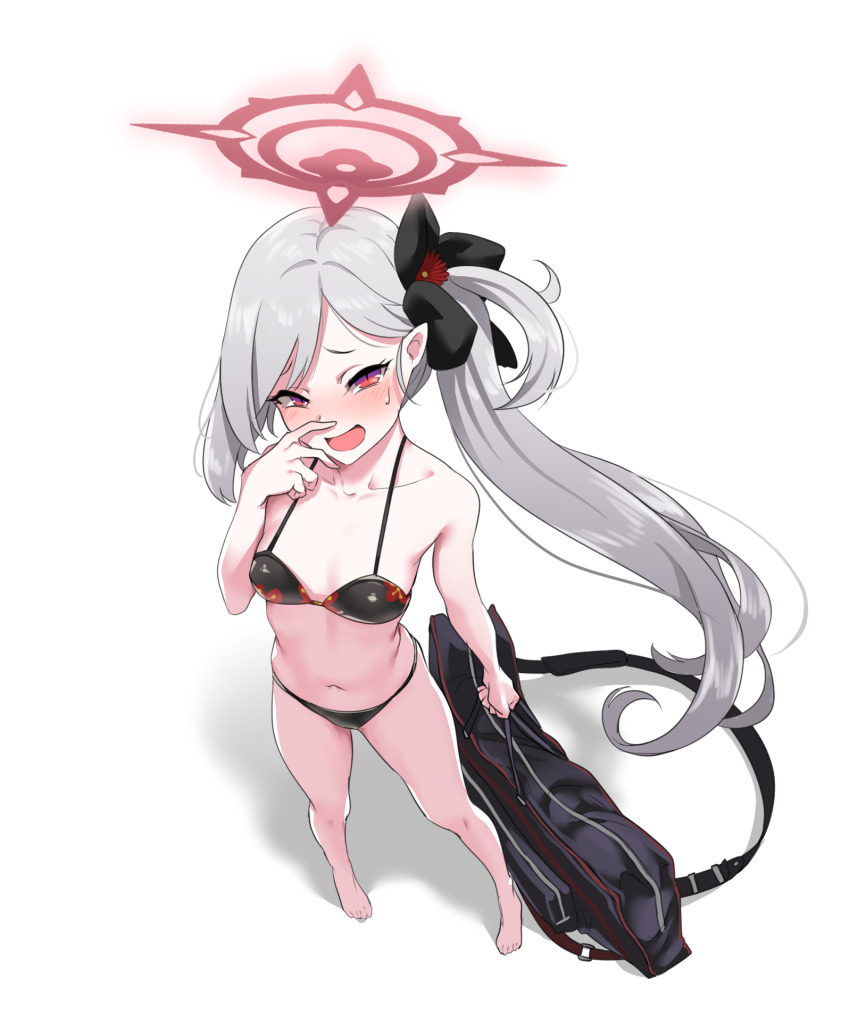 1girl, alternate_costume, bag, bare_arms, bare_legs, bare_shoulders, barefoot, bikini