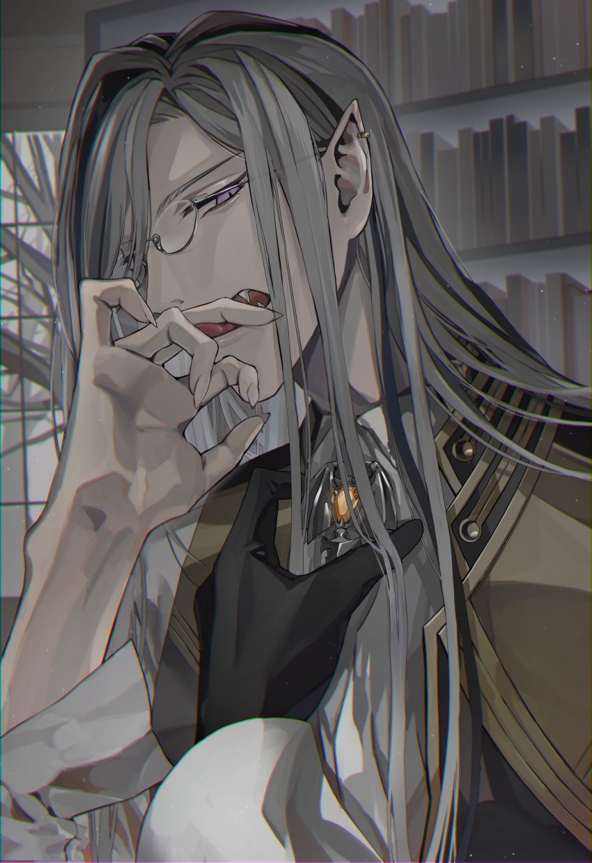 1boy, absurdres, ascot, black_gloves, black_hair, black_vest, bookshelf, brooch, commentary, earrings, english_commentary, fangs, fingernails, glasses, gloves, grey_hair, hair_between_eyes, hand_on_own_chest, hand_up, highres, holostars, holostars_english, jewelry, licking, licking_finger, long_hair, looking_at_viewer, male_focus, multicolored_hair, naizou_bug, noir_vesper, open_mouth, pointy_ears, purple_eyes, semi-rimless_eyewear, sharp_fingernails, shirt, single_glove, solo, streaked_hair, tongue, tongue_out, upper_body, vest, virtual_youtuber, white_ascot, white_shirt, window