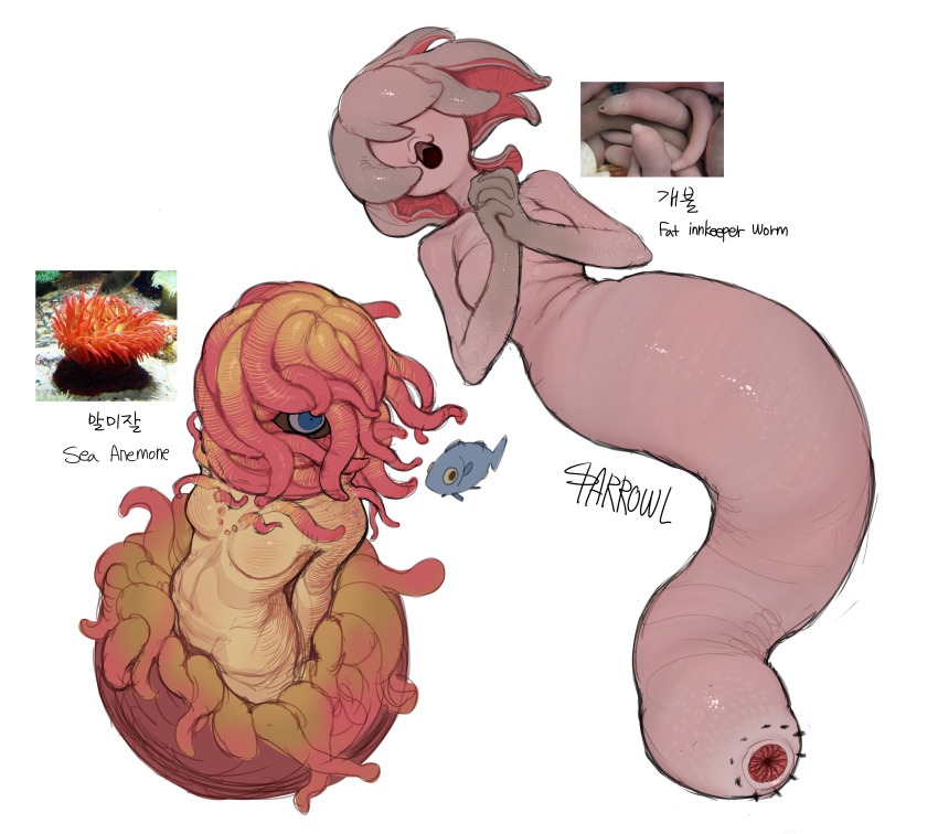 2girls, absurdres, animal, artist_name, blonde_hair, blue_eyes, colored_inner_hair, colored_skin, completely_nude, fish, full_body, gradient_hair, grey_hair, grey_skin, hair_over_mouth, hair_over_one_eye, hands_up, highres, looking_at_viewer, medium_hair, monster_girl, multicolored_hair, multiple_girls, no_eyes, nude, open_mouth, original, own_hands_clasped, own_hands_together, personification, pink_hair, pink_skin, sea_anemone, short_hair, simple_background, sketch, sparrowl, tentacle_hair, white_background, worm, worm_girl, yellow_skin